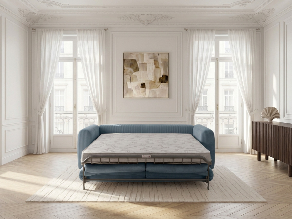 Bobochic Archi Schlafsofa 3-Sitzer Cordsamt Blau, Liegefläche 140 × 190 cm