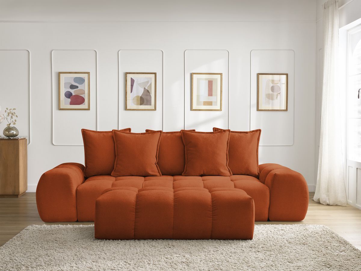Bobochic Everest Sofa 3-Sitzer mit Pouf, 5 Kissen Strukturstoff Orange