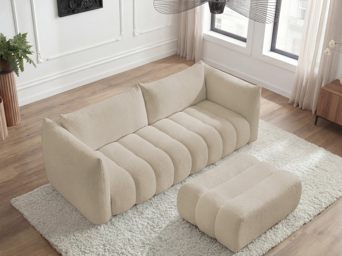Bobochic Azra Sofa 4-Sitzer mit Pouf Bouclé-Stoff Beige