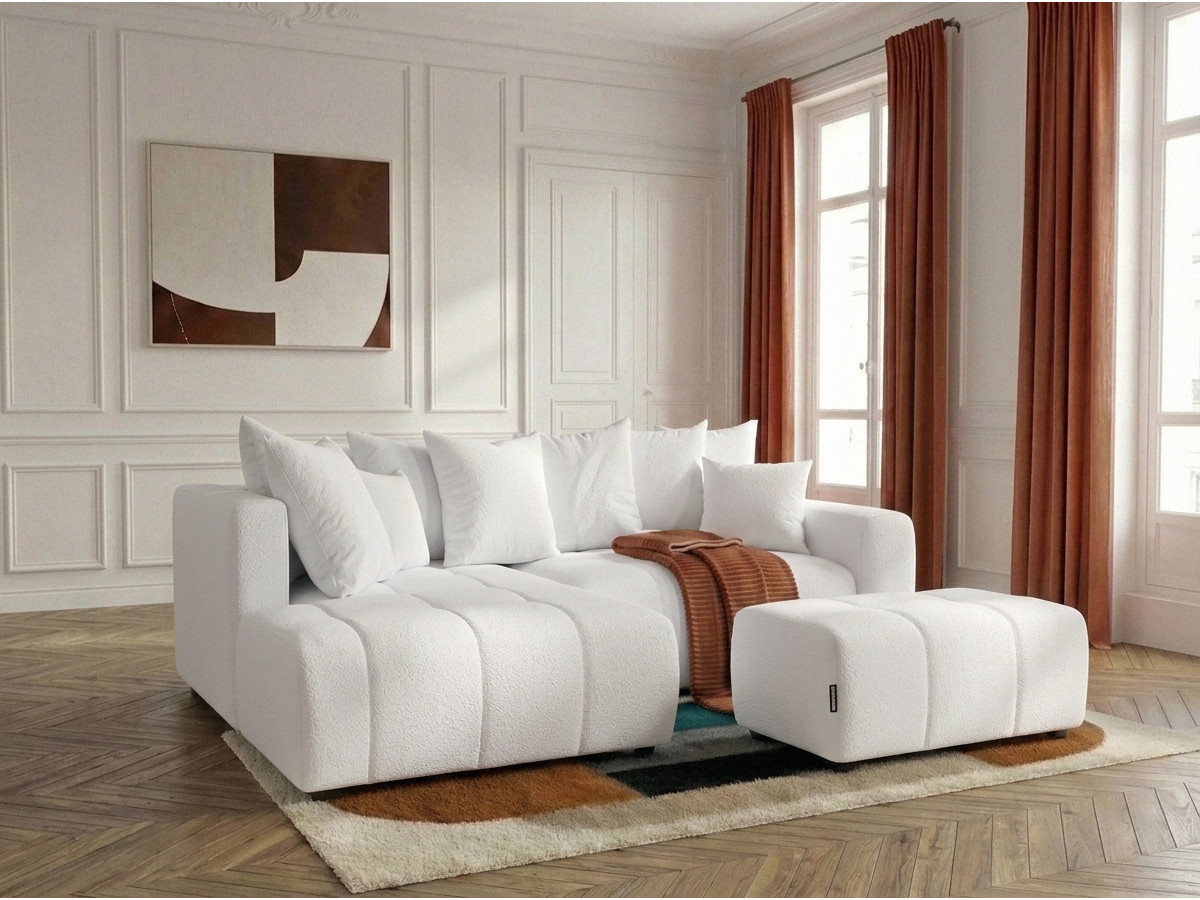 Bobochic Roxelane Ecksofa mit Schlaffunktion und Bettkasten und Pouf Bouclé-Stoff Weiß Ecke links