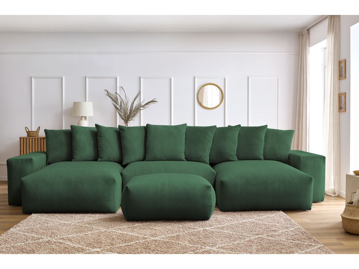 Bobochic Voltaire Wohnlandschaft mit Pouf 420 × 174 cm, Liegefläche 135 × 345 cm Cordsamt Grün