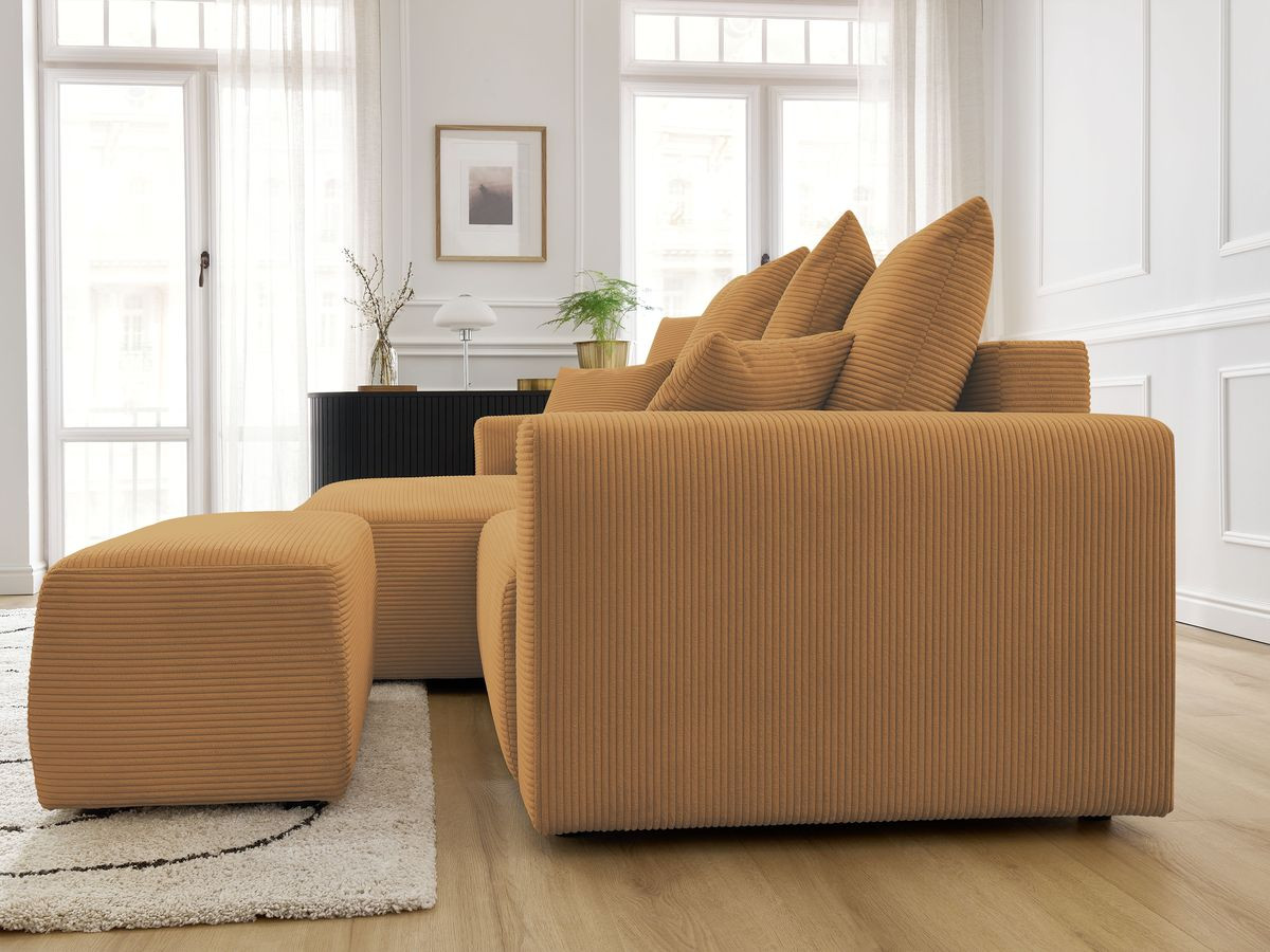 Bobochic Atilla Ecksofa mit Schlaffunktion und Bettkasten und Pouf Cordsamt Gelb Ecke links