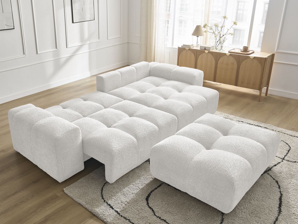 Bobochic Anakin Ecksofa mit Schlaffunktion und Bettkasten und Pouf, 2 Kissen Bouclé-Stoff Weiß