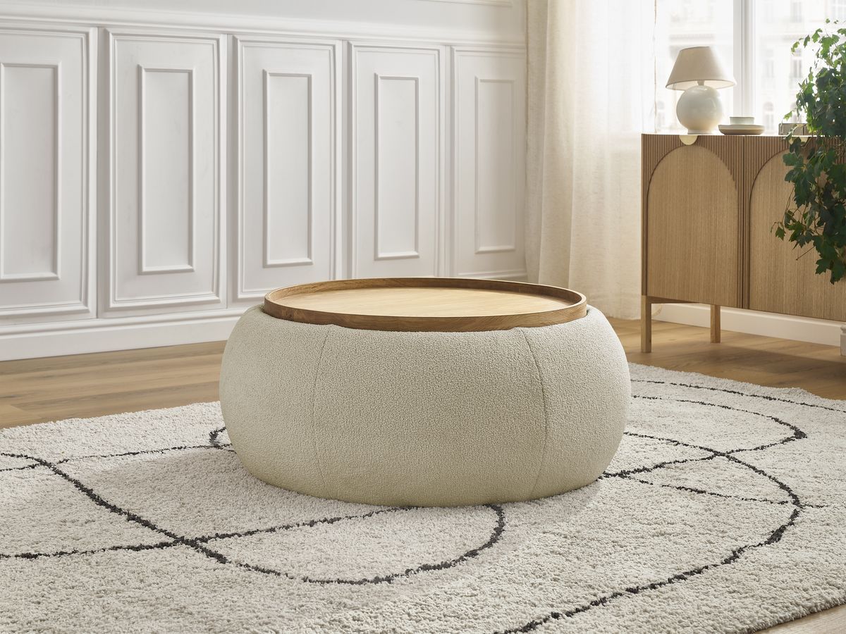 Bobochic Hayden Pouf mit Tablett, rund Bouclé-Stoff Beige, 87 cm