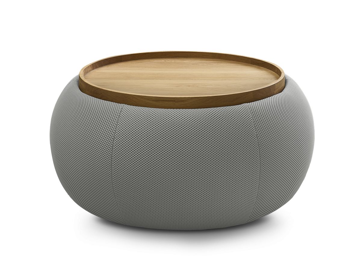 Bobochic Hayden Pouf mit Tablett, rund Mesh-Stoff Hellgrau, 77 cm