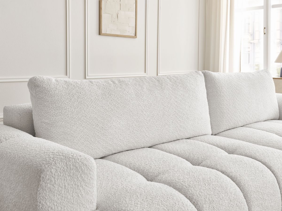 Bobochic Fuji Ecksofa mit Schlaffunktion und Bettkasten 292 × 160 cm Bouclé-Stoff Weiß Ecke rechts