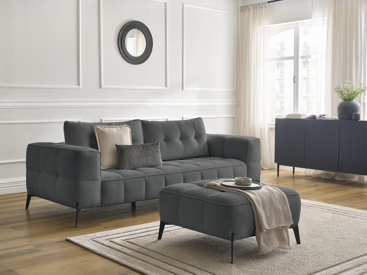 Bobochic Anis Sofa 3-Sitzer mit Pouf Strukturstoff Dunkelgrau