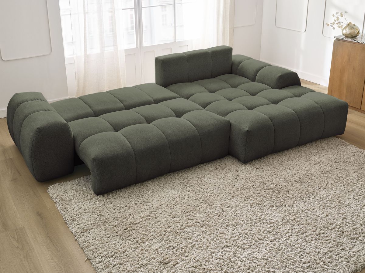 Bobochic Everest Ecksofa mit Schlaffunktion und Bettkasten 318 × 180 cm, 7 Kissen Melange-Stoff Grün Ecke rechts