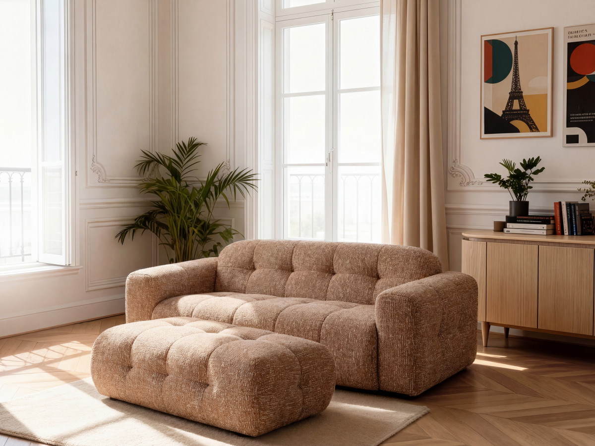 Bobochic Laura Sofa 3-Sitzer mit großem Pouf Melange-Stoff Orange