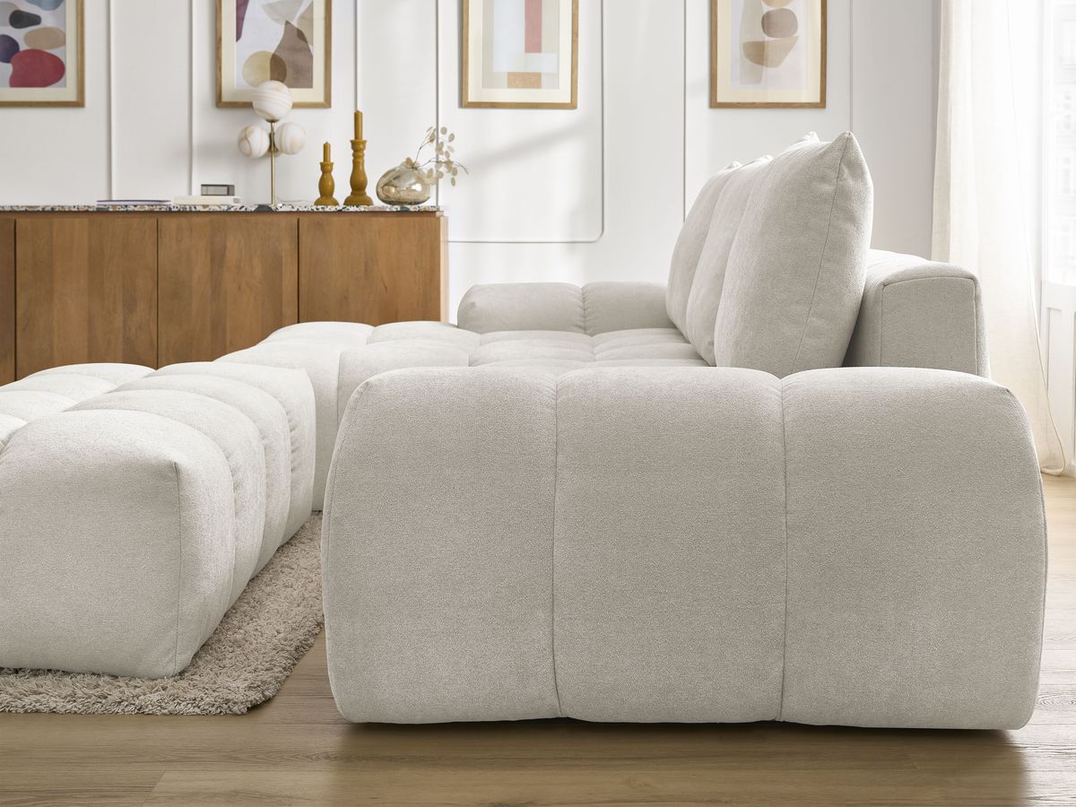 Bobochic Everest Ecksofa mit Schlaffunktion und Bettkasten und Pouf 318 × 180 cm, 3 Kissen Strukturstoff Weiß Ecke links