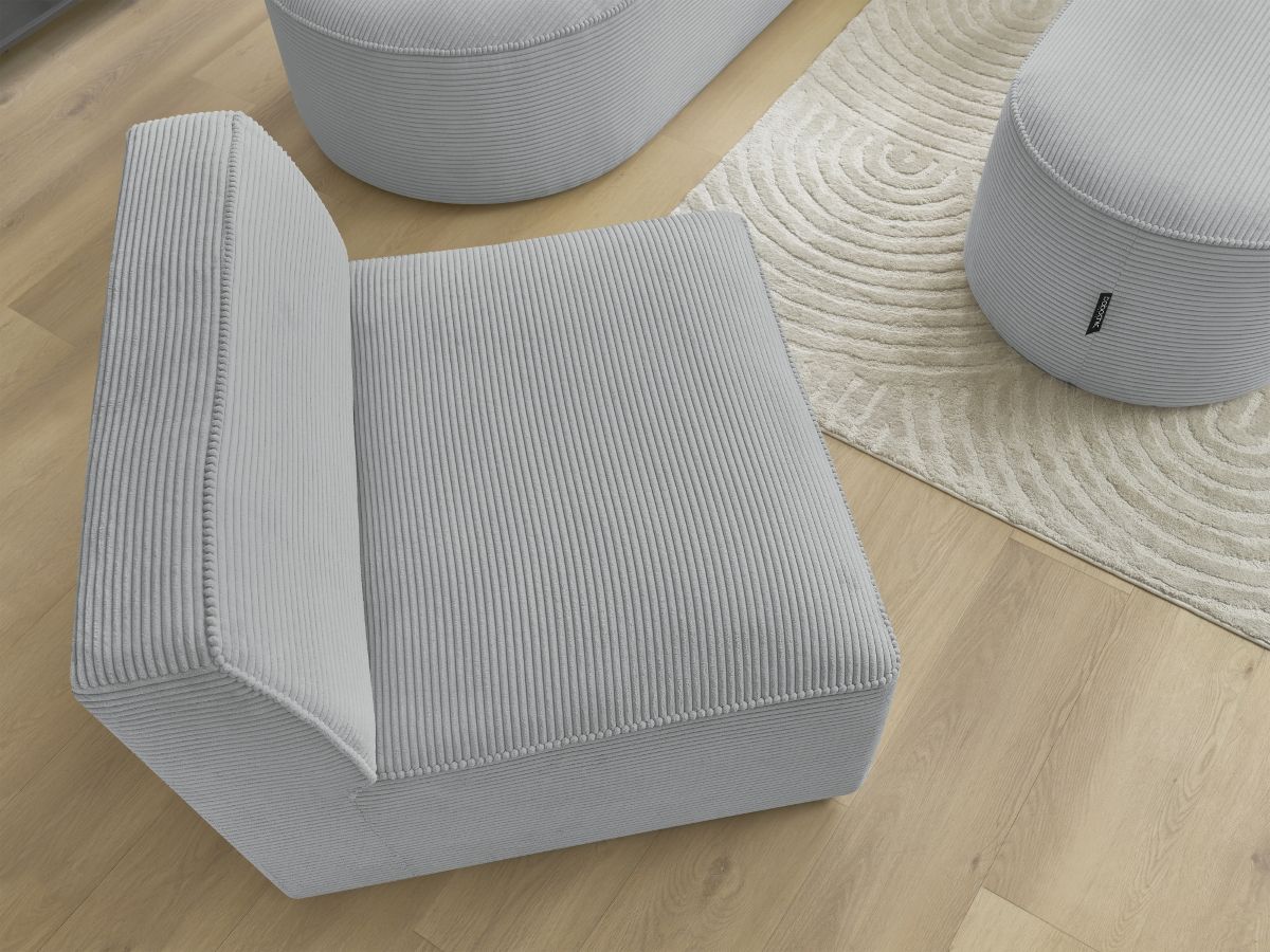 Bobochic Rousseau Ecksofa mit Sofamodul und Pouf Cordsamt Hellgrau Ecke rechts