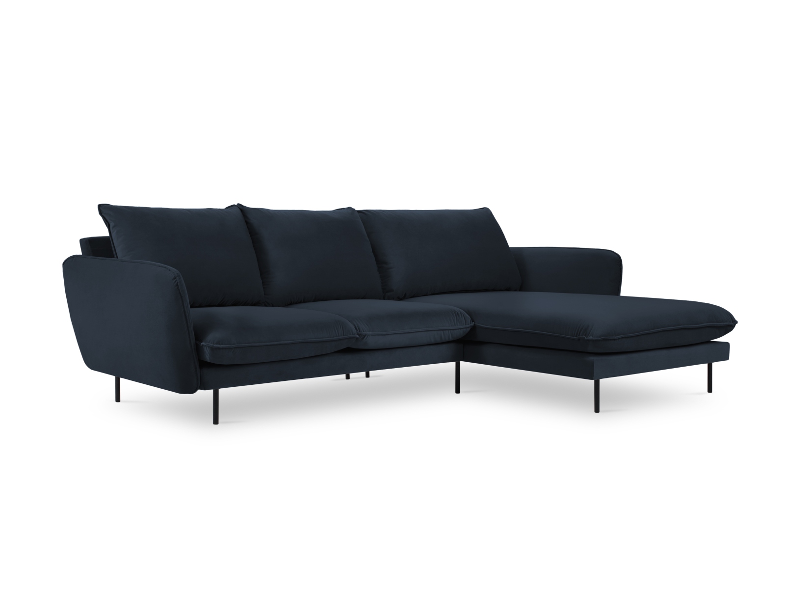 Cosmopolitan Design Ecksofa Vienna 5-Sitzer Samt Bluvel Dunkelblau Rechts Beine Schwarzes Metall