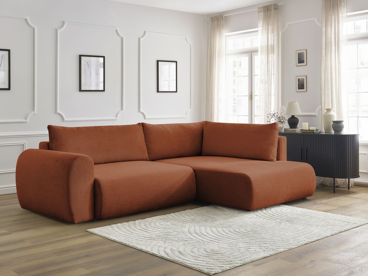 Bobochic Lucien Ecksofa mit Schlaffunktion und Bettkasten 296 × 198 cm Stoff Orange Ecke rechts