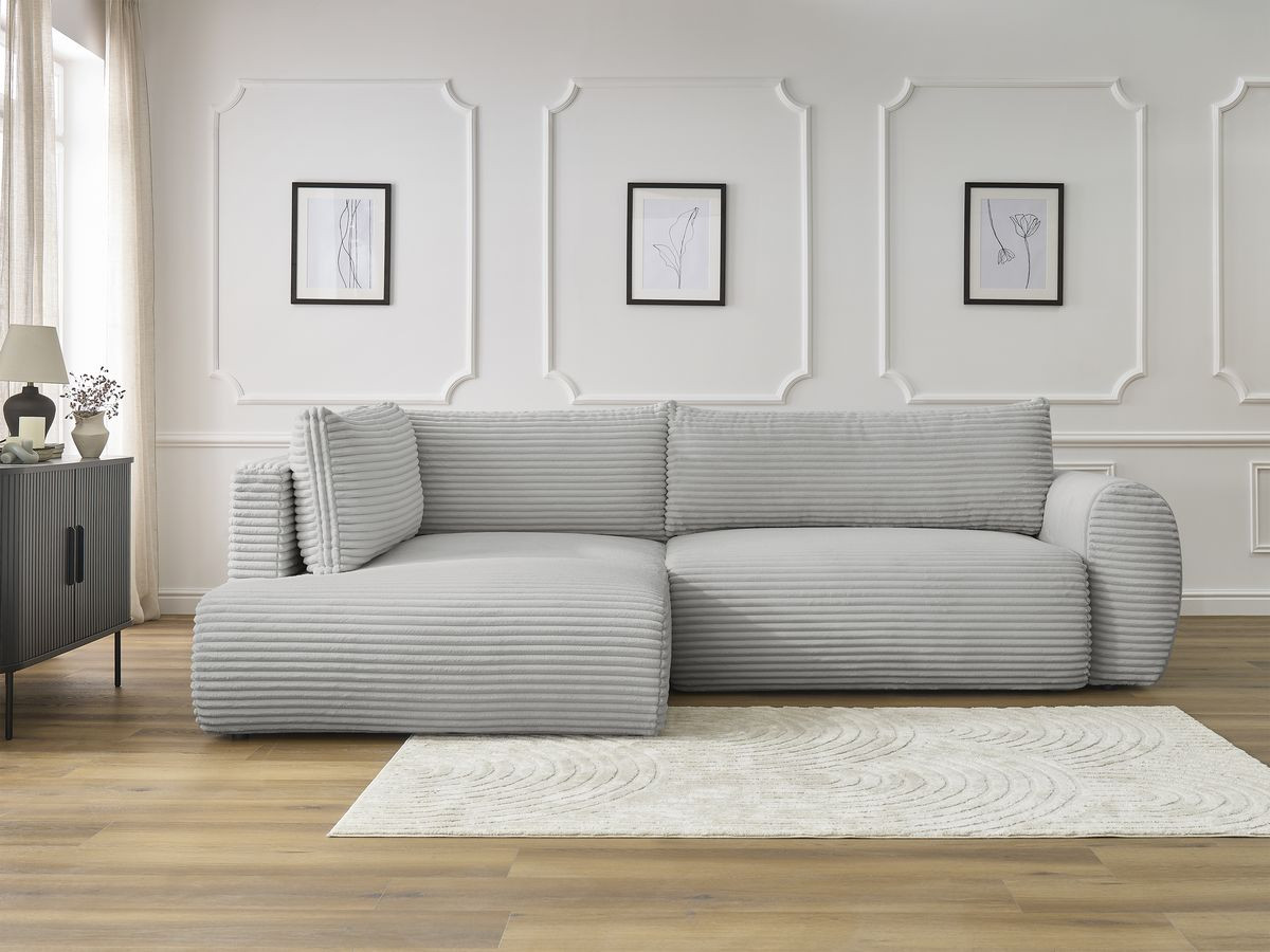 Bobochic Lucien Ecksofa mit Schlaffunktion und Bettkasten 296 × 198 cm Breitcord weich Hellgrau Ecke links