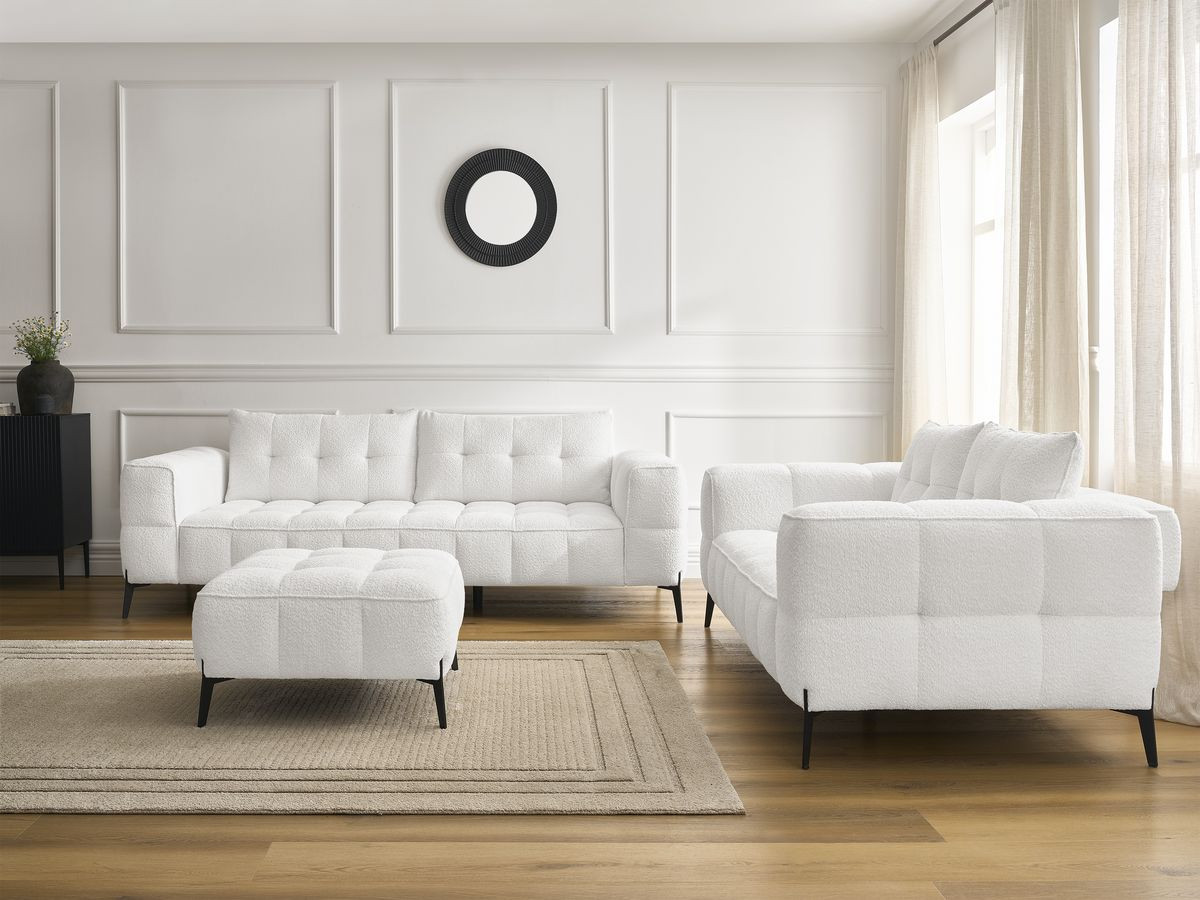 Bobochic Anis Sofa 5-Sitzer mit Pouf Bouclé-Stoff Weiß