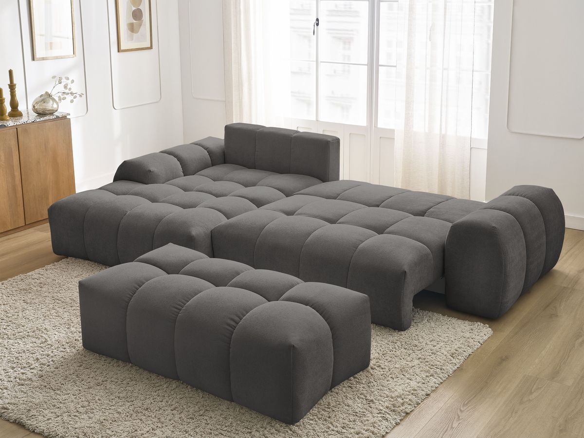 Bobochic Everest Ecksofa mit Schlaffunktion und Bettkasten und Pouf 318 × 180 cm, 7 Kissen Strukturstoff Dunkelgrau Ecke links