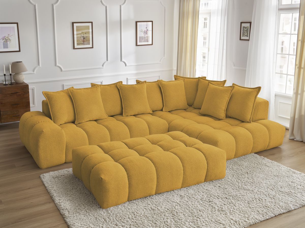 Bobochic Everest Ecksofa mit Schlaffunktion und Pouf, 10 Kissen Melange-Stoff Gelb Ecke rechts