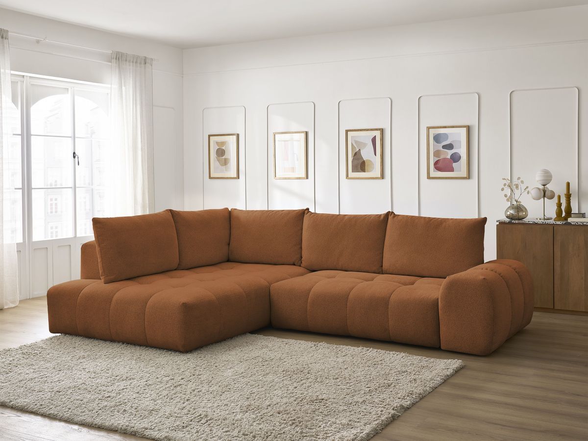 Bobochic Everest Ecksofa mit Schlaffunktion und Bettkasten 320 × 212 cm, 5 Kissen Melange-Stoff Orange Ecke links