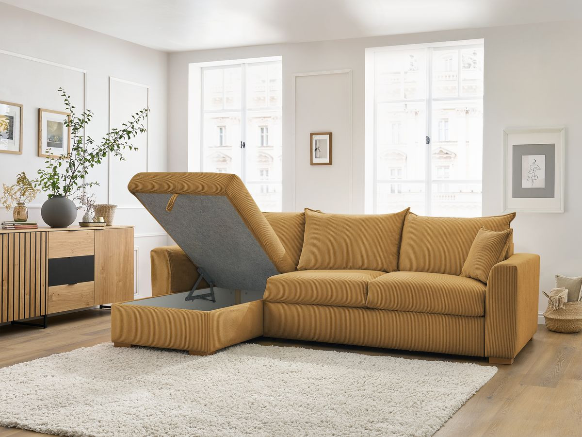 Bobochic Augustin Ecksofa mit Schlaffunktion und Bettkasten Cordsamt Gelb, Liegefläche 140 × 200 cm