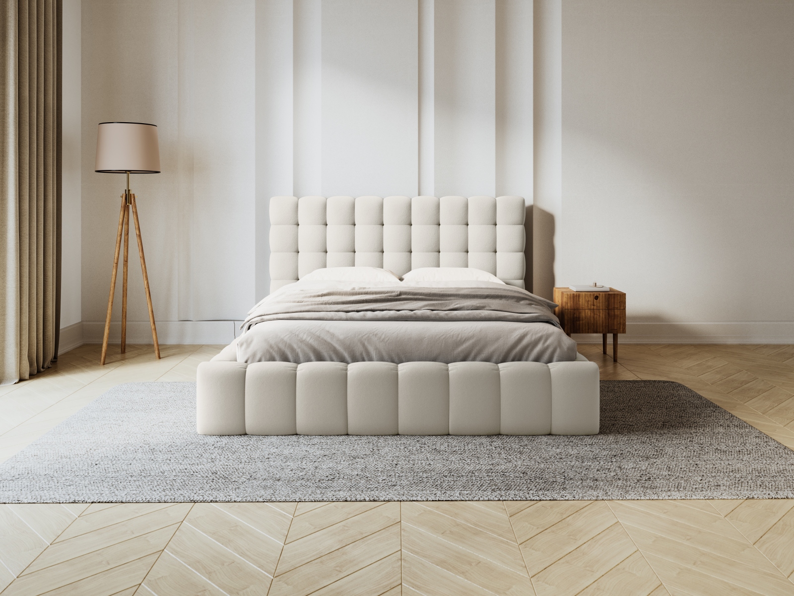 Micadoni Stauraumbett mit Kopfteil Mamaia Strukturierter Stoff Helles Beige 140x200