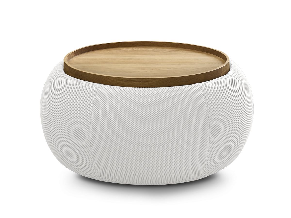 Bobochic Hayden Pouf mit Tablett, rund Mesh-Stoff Weiß, 77 cm