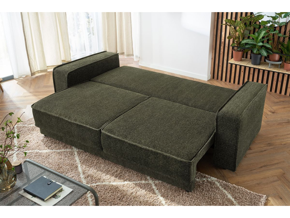 Bobochic Emile Schlafsofa 3-Sitzer mit Bettkasten Melange-Stoff Grün
