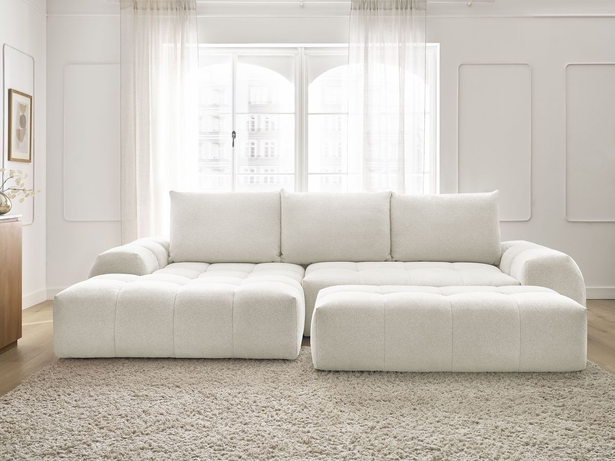 Bobochic Everest Ecksofa mit Schlaffunktion und Bettkasten und Pouf 318 × 180 cm, 3 Kissen Melange-Stoff Weiß Ecke links