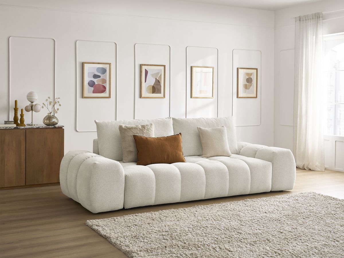 Bobochic Everest Schlafsofa 3-Sitzer mit Bettkasten, 2 Kissen Melange-Stoff Weiß