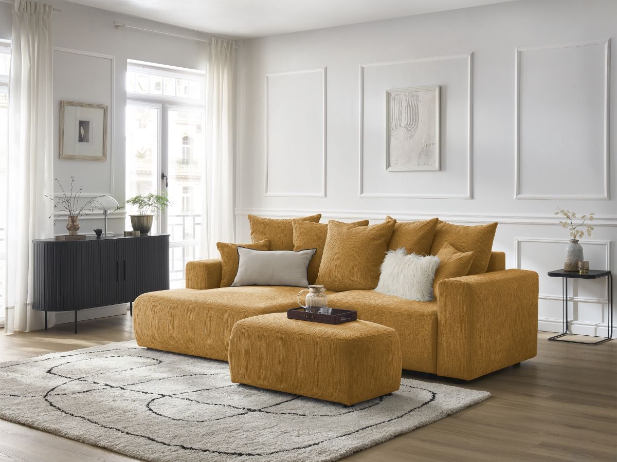 Bobochic Atilla Ecksofa mit Schlaffunktion und Bettkasten und Pouf Strukturstoff Gelb Ecke links