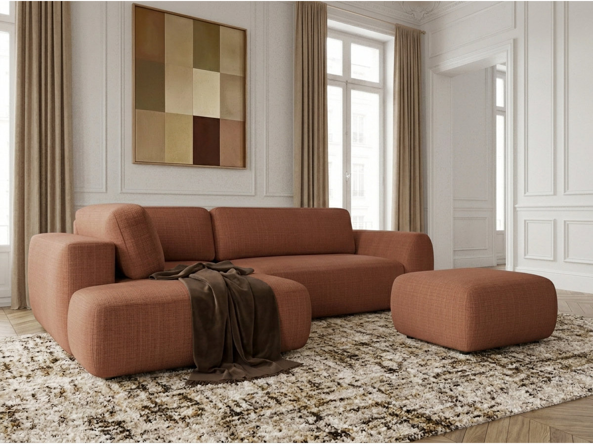 Bobochic Denise Ecksofa mit Schlaffunktion und Bettkasten und Pouf 256 × 197 cm Strukturstoff Orange Ecke links
