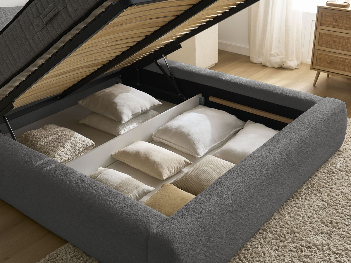 Bobochic Orlane Polsterbett mit Bettkasten Bouclé-Stoff Dunkelgrau, Liegefläche 140 × 190 cm