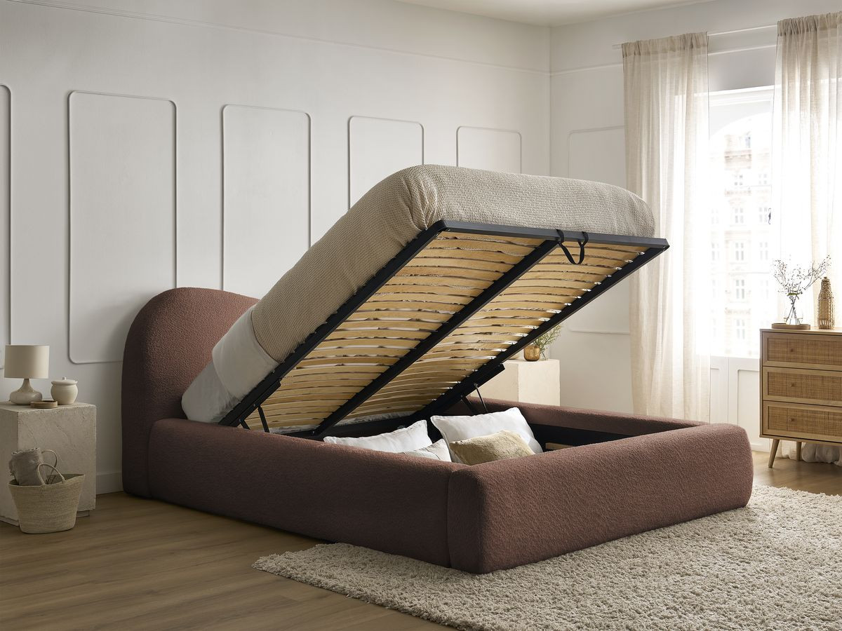 Bobochic Orlane Polsterbett mit Bettkasten Bouclé-Stoff Orange, Liegefläche 180 × 200 cm