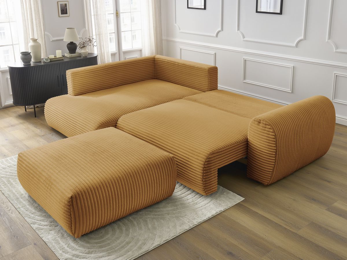 Bobochic Lucien Ecksofa mit Schlaffunktion und Bettkasten und Pouf 296 × 198 cm Breitcord weich Gelb Ecke links