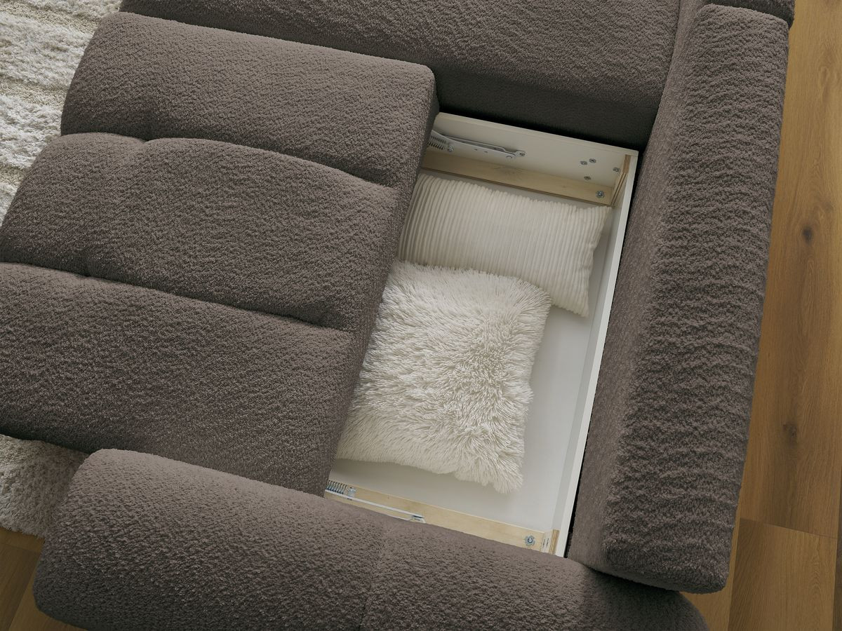 Bobochic Roxelane Ecksofa mit Schlaffunktion und Bettkasten und Pouf 258 × 150 cm Bouclé-Stoff Braun Ecke links