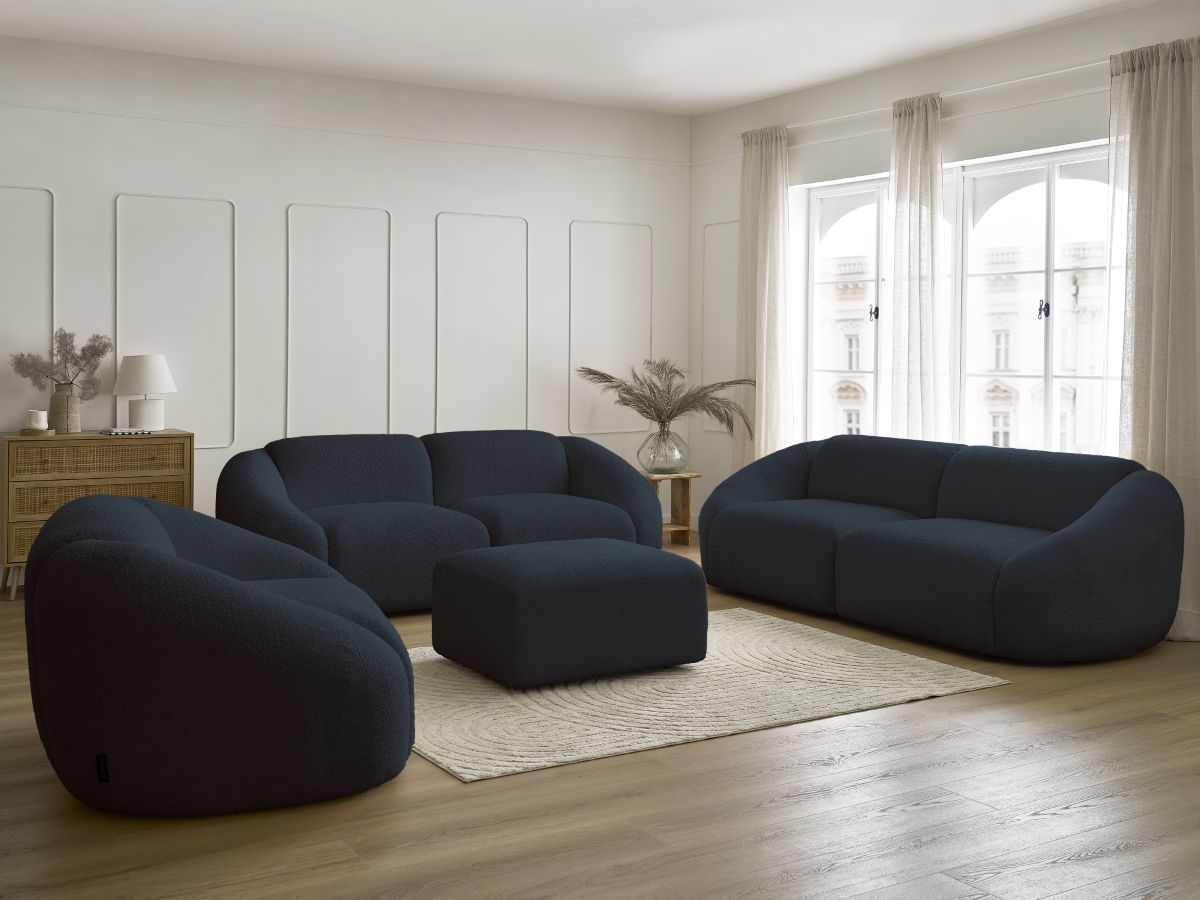 Bobochic Tina Sofa 7-Sitzer mit Pouf Bouclé-Stoff Dunkelblau