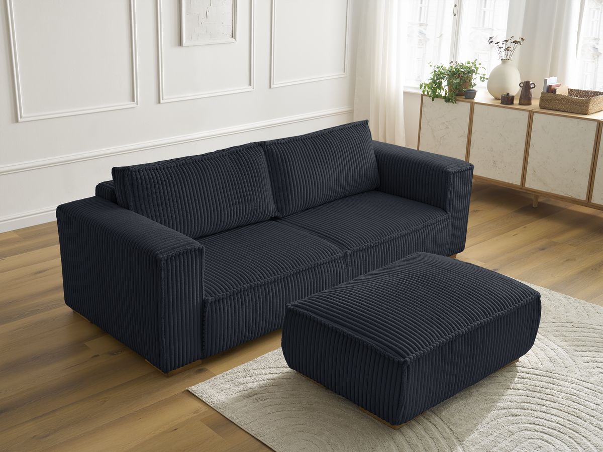 Bobochic Chelsea Sofa 4-Sitzer mit Pouf Breitcord weich Schwarz