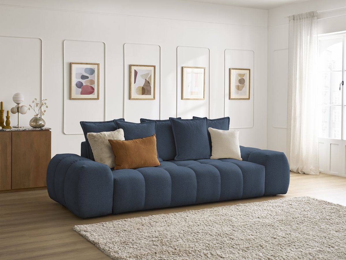 Bobochic Everest Sofa 3-Sitzer, 5 Kissen Melange-Stoff Dunkelblau