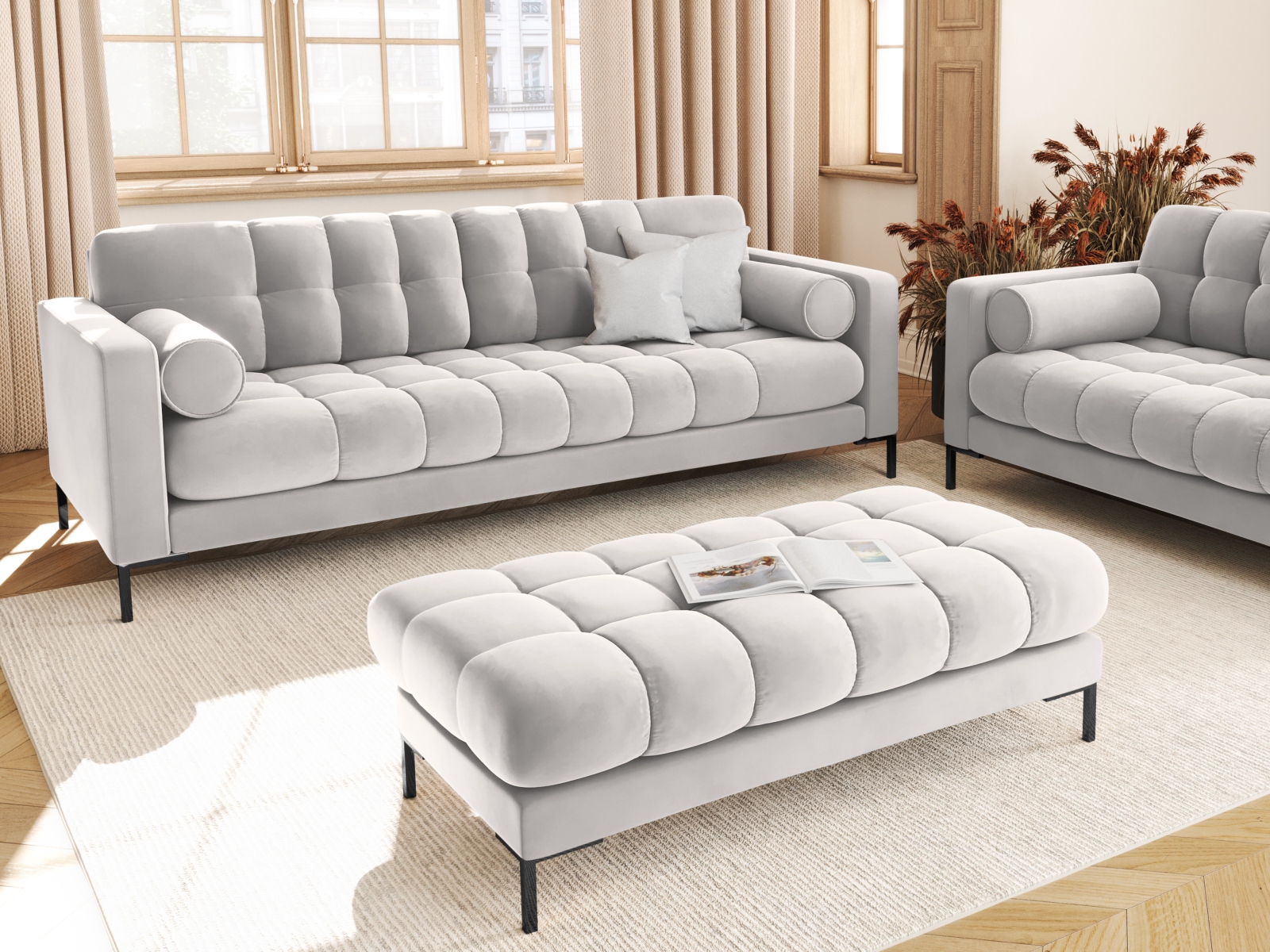 Cosmopolitan Design Sofa Bali 4-Sitzer Samt Bluvel Silber Beine Schwarzes Metall