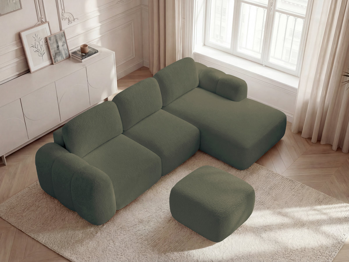 Bobochic Montaigne Ecksofa mit Schlaffunktion und Bettkasten und Pouf 276 × 164 cm Bouclé-Stoff Grün Ecke rechts