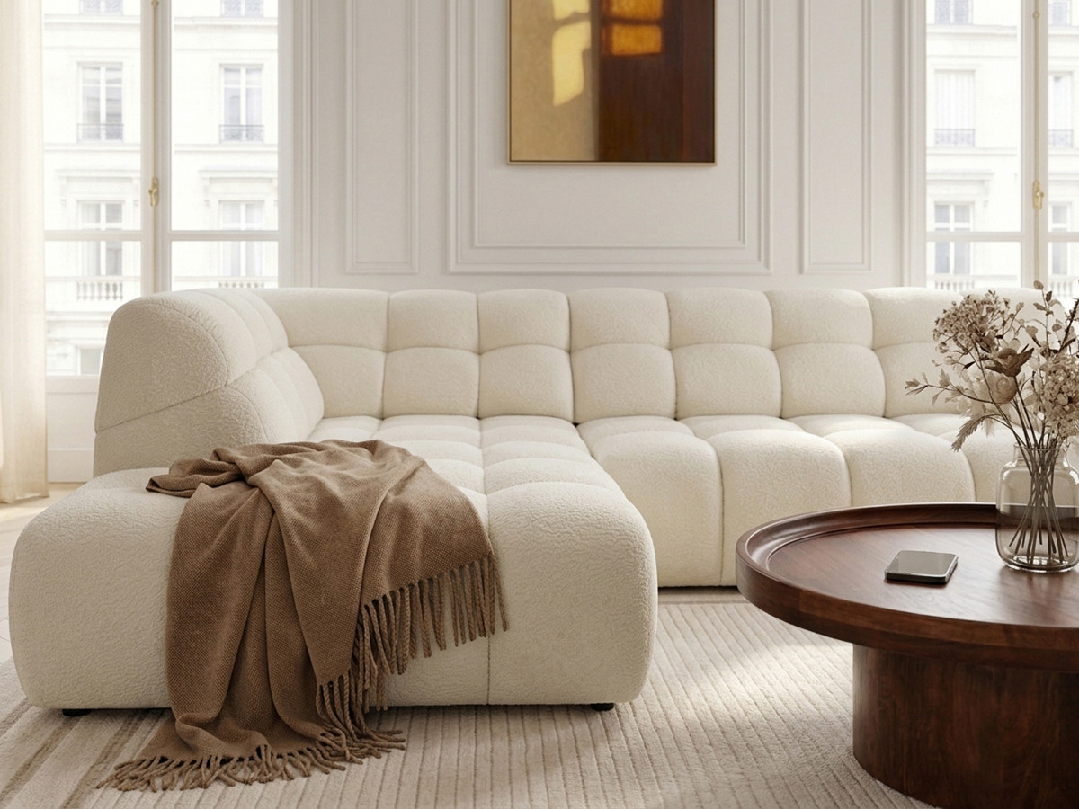Bobochic Andre Ecksofa mit Schlaffunktion Chenille Weiß Ecke links
