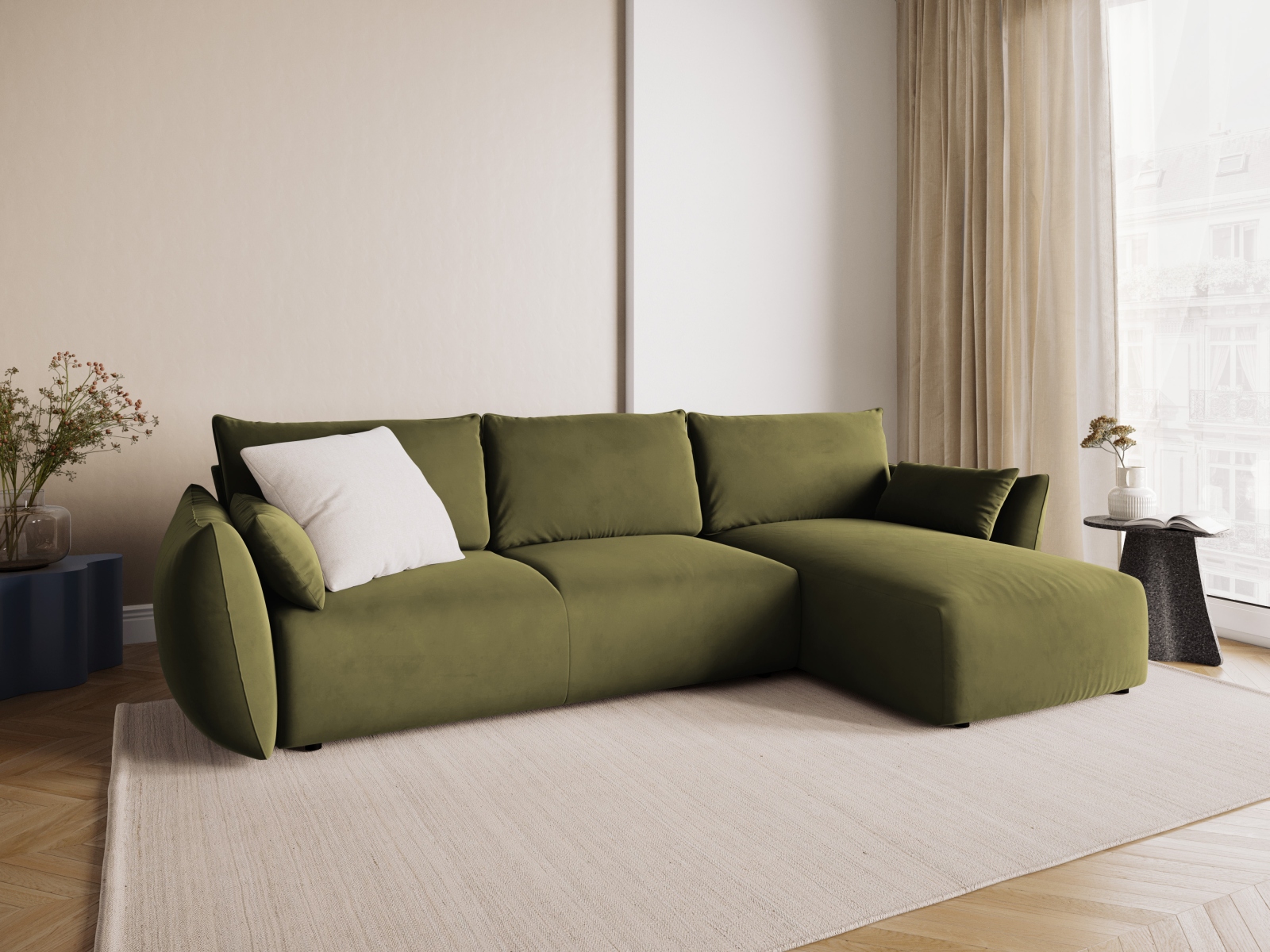 Cosmopolitan Design Ecksofa Matera 4-Sitzer mit Schlaffunktion Samt Salvador Grün Rechts