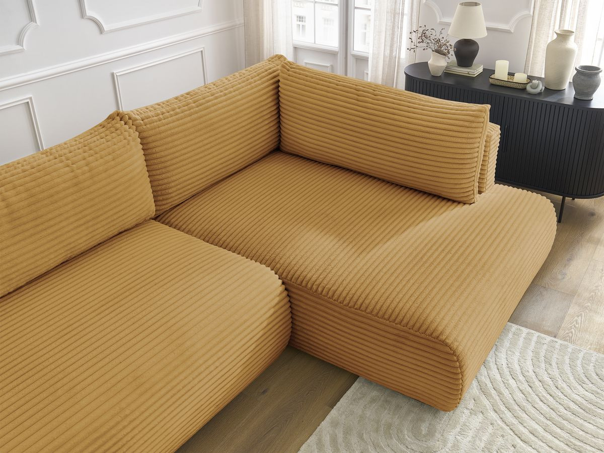 Bobochic Lucien Ecksofa mit Schlaffunktion und Bettkasten 296 × 198 cm Breitcord weich Gelb Ecke rechts