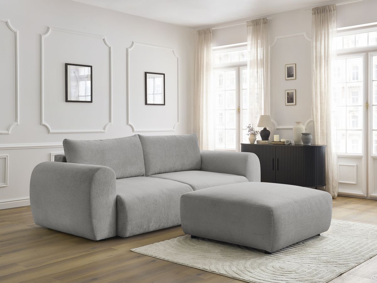Bobochic Lucien Schlafsofa 4-Sitzer mit Bettkasten und Pouf Stoff Hellgrau
