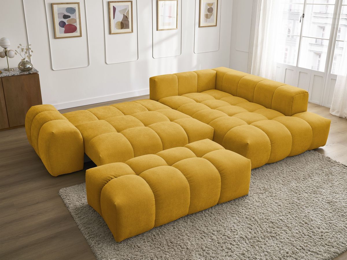 Bobochic Everest Ecksofa mit Schlaffunktion und Bettkasten und Pouf 320 × 212 cm, 10 Kissen Strukturstoff Gelb Ecke rechts