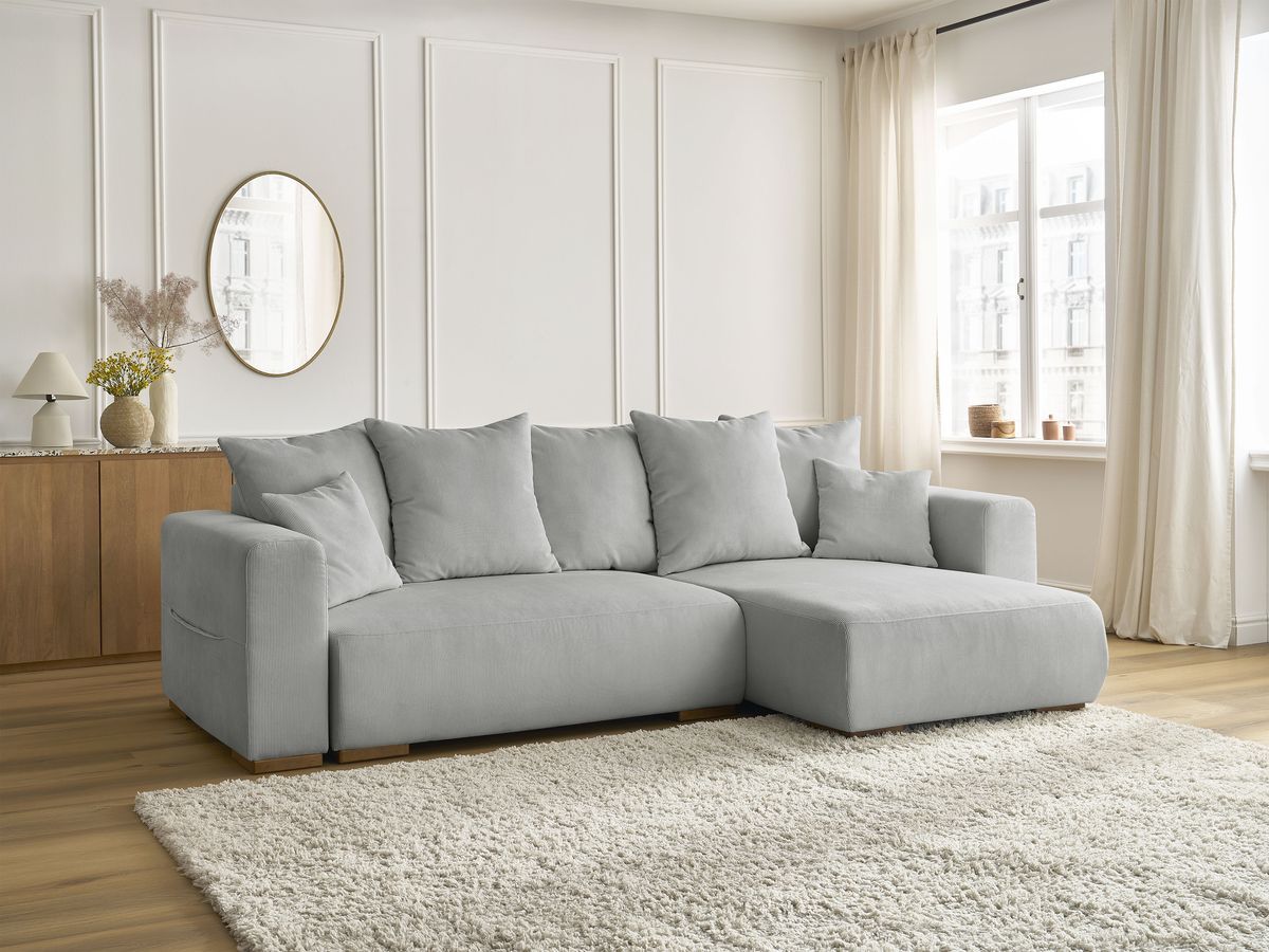 Bobochic Sidonie Ecksofa mit Schlaffunktion und Bettkasten Cordsamt Hellgrau