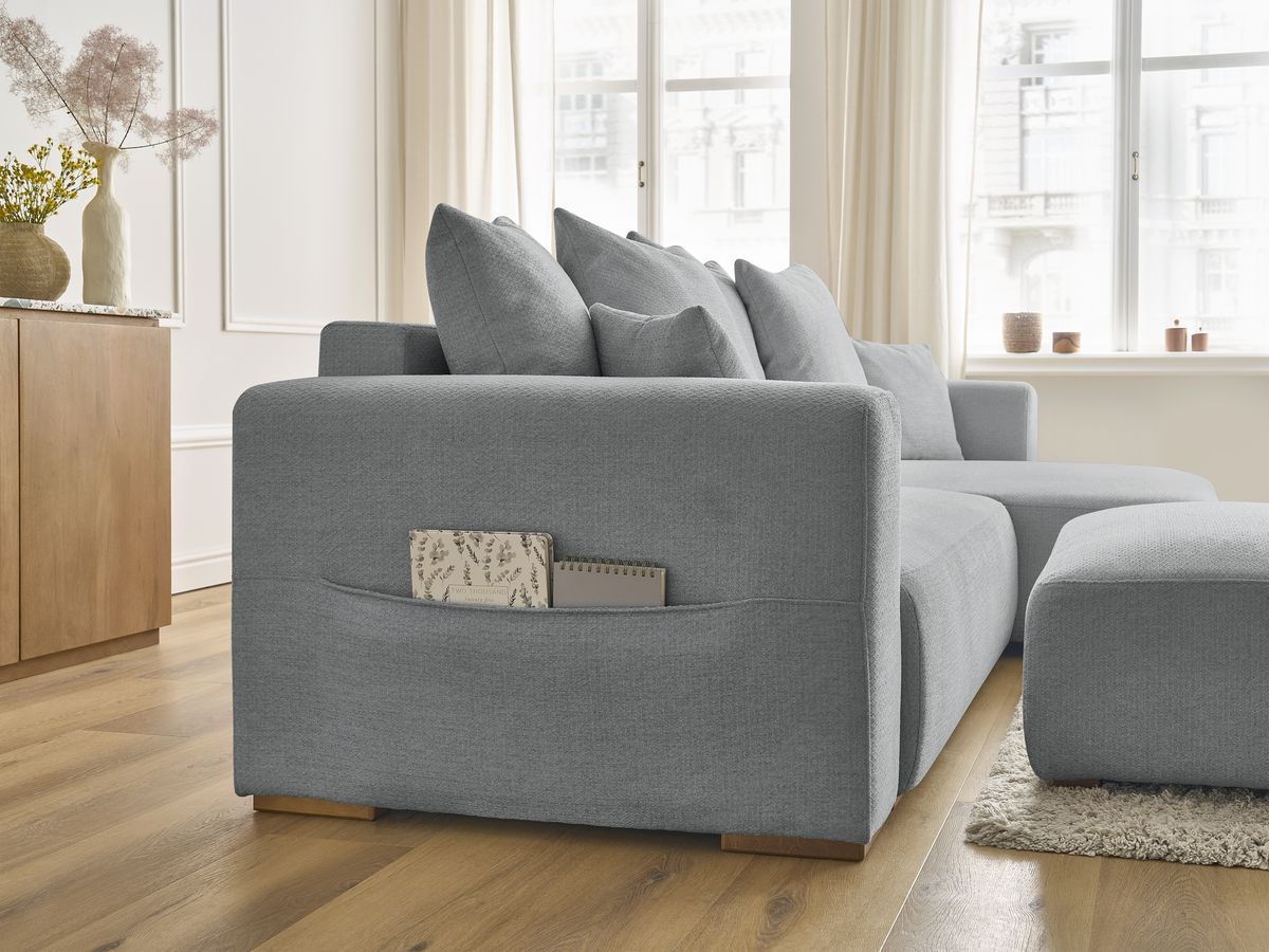 Bobochic Sidonie Ecksofa mit Schlaffunktion und Bettkasten und Pouf Melange-Stoff Dunkelgrau