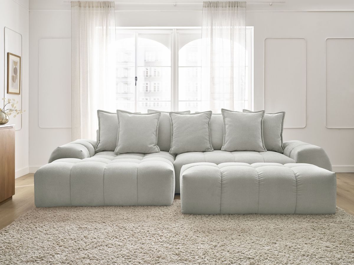 Bobochic Everest Ecksofa mit Schlaffunktion und Bettkasten und Pouf 318 × 180 cm, 7 Kissen Strukturstoff Hellgrau Ecke links