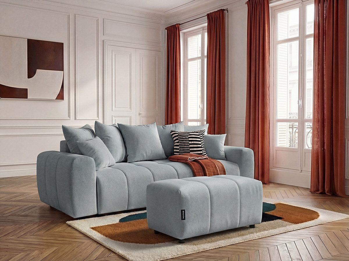 Bobochic Roxelane Schlafsofa 3-Sitzer mit Bettkasten und Pouf Melange-Stoff Hellgrau