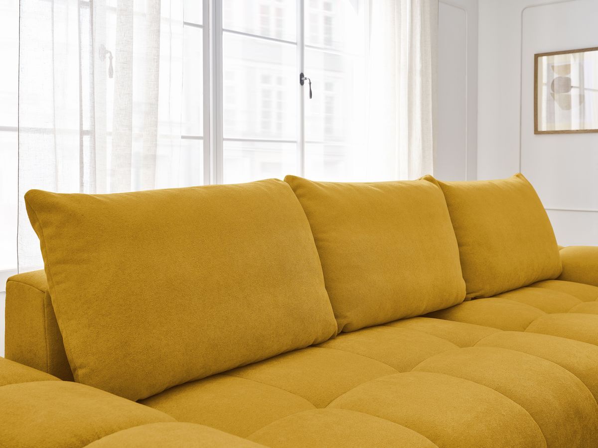 Bobochic Everest Ecksofa mit Schlaffunktion und Bettkasten und Pouf 318 × 180 cm, 3 Kissen Strukturstoff Gelb Ecke rechts