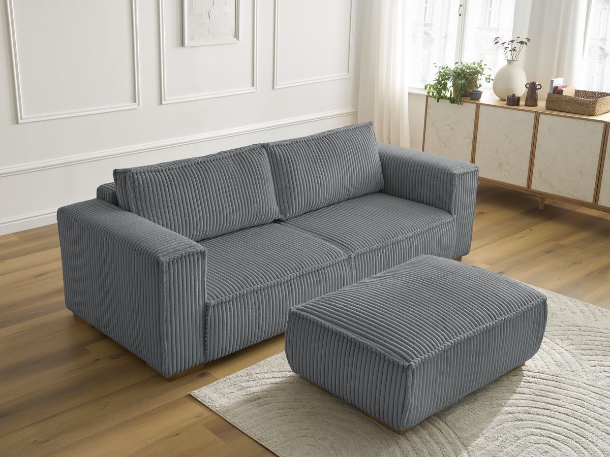 Bobochic Chelsea Sofa 4-Sitzer mit Pouf Breitcord weich Dunkelgrau